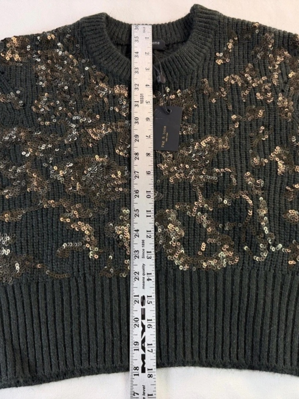 rag & bone Liza Sequin Detail Wool Oversized Cropped Sweater Green & Gold NWT - Picture 8 of 10